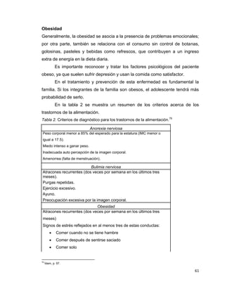 61
Obesidad
Generalmente, la obesidad se asocia a la presencia de problemas emocionales;
por otra parte, también se relaciona con el consumo sin control de botanas,
golosinas, pasteles y bebidas como refrescos, que contribuyen a un ingreso
extra de energía en la dieta diaria.
Es importante reconocer y tratar los factores psicológicos del paciente
obeso, ya que suelen sufrir depresión y usan la comida como satisfactor.
En el tratamiento y prevención de esta enfermedad es fundamental la
familia. Si los integrantes de la familia son obesos, el adolescente tendrá más
probabilidad de serlo.
En la tabla 2 se muestra un resumen de los criterios acerca de los
trastornos de la alimentación.
Tabla 2. Criterios de diagnóstico para los trastornos de la alimentación.79
Anorexia nerviosa
Peso corporal menor a 85% del esperado para la estatura (IMC menor o
igual a 17.5).
Miedo intenso a ganar peso.
Inadecuada auto percepción de la imagen corporal.
Amenorrea (falta de menstruación).
Bulimia nerviosa
Atracones recurrentes (dos veces por semana en los últimos tres
meses).
Purgas repetidas.
Ejercicio excesivo.
Ayuno.
Preocupación excesiva por la imagen corporal.
Obesidad
Atracones recurrentes (dos veces por semana en los últimos tres
meses)
Signos de estrés reflejados en al menos tres de estas conductas:
 Comer cuando no se tiene hambre
 Comer después de sentirse saciado
 Comer solo
79
Ídem, p. 97.
 