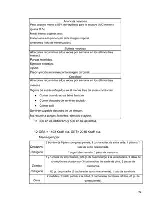 74
Anorexia nerviosa
Peso corporal menor a 85% del esperado para la estatura (IMC menor o
igual a 17.5).
Miedo intenso a ganar peso.
Inadecuada auto percepción de la imagen corporal.
Amenorrea (falta de menstruación).
Bulimia nerviosa
Atracones recurrentes (dos veces por semana en los últimos tres
meses).
Purgas repetidas.
Ejercicio excesivo.
Ayuno.
Preocupación excesiva por la imagen corporal.
Obesidad
Atracones recurrentes (dos veces por semana en los últimos tres
meses)
Signos de estrés reflejados en al menos tres de estas conductas:
 Comer cuando no se tiene hambre
 Comer después de sentirse saciado
 Comer solo
Sentirse culpable después de un atracón.
No recurrir a purgas, laxantes, ejercicio o ayuno.
11.300 en el embarazo y 500 en la lactancia.
12.GEB = 1492 Kcal/ día. GET= 2016 Kcal/ día.
Menú-ejemplo:
Desayuno
2 burritas de frijoles con queso panela, 3 cucharaditas de salsa vede, 1 plátano, 1
taza de leche descremada.
Refrigerio 1 yogurt descremado, 1 pieza de manzana.
Comida
1 y 1/2 taza de arroz blanco, 200 gr. de huachinango a la veracruzana, 2 tazas de
champiñones picados con 3 cucharaditas de aceite de oliva, 2 piezas de
mandarina.
Refrigerio 60 gr. de pistache (6 cucharadas aproximadamente), 1 taza de zanahoria.
Cena
2 molletes (1 bolillo partido a la mitad, 2 cucharadas de frijoles refritos, 40 gr. de
queso panela).
 