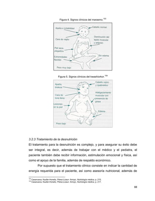 88
Figura 4. Signos clínicos del marasmo.
103
Figura 5. Signos clínicos del kwashiorkor.
104
3.2.3 Tratamiento de la desnutrición
El tratamiento para la desnutrición es complejo, y para asegurar su éxito debe
ser integral, es decir, además de trabajar con el médico y el pediatra, el
paciente también debe recibir información, estimulación emocional y física, así
como el apoyo de la familia, además de respaldo económico.
Por supuesto que el tratamiento clínico consiste en indicar la cantidad de
energía requerida para el paciente, así como asesoría nutricional, además de
103
Casanueva, Kaufer-Horwitz, Pérez-Lizaur- Arroyo, Nutriología médica, p. 215.
104
Casanueva, Kaufer-Horwitz, Pérez-Lizaur- Arroyo, Nutriología médica, p. 217.
 
