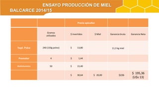 40
45
50
55
60
65
70
75
80
Tratadas Testigos
70.5
59.2
Kg mielPrecio apicultor
Gramos
utilizados
$ invertidos $ Miel Ganancia bruta Ganancia Neta
Supl. Polen 240 (150g polvo) $ 13,80 11,3 kg miel
Promotor 4 $ 1,44
Multivitaminico 50 $ 15,40
$ 30,64 $ 20,00 $226
$ 195,36
(U$s 13)
ENSAYO PRODUCCIÓN DE MIEL
BALCARCE 2014/15
 