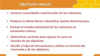 OBJETIVOS FINALES
• Predecir la oferta floral e Identificar baches Nutricionales.
• Evaluar el estado nutricional de las colmenas en
momentos críticos.
• Decidir el tipo de herramienta a utilizar en función del
momento y de los objetivos.
• Conocer necesidades nutricionales de las colmenas.
• Determinar acciones para ajustar la curva en
función de los objetivos.
 