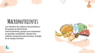 Macronutrientes
Los hidratos de carbono, las proteínas y
las grasas se denominan
macronutrientes, porque son necesarios
en grandes cantidades. Aportan las
calorías necesarias para producir energía
en el cuerpo humano
 