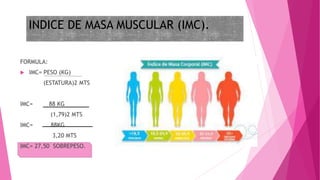 INDICE DE MASA MUSCULAR (IMC).
FORMULA:
 IMC= PESO (KG)
(ESTATURA)2 MTS
IMC= 88 KG
(1,79)2 MTS
IMC= 88KG
3,20 MTS
IMC= 27,50 SOBREPESO.
 