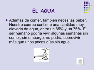 EL AGUA Además de comer, también necesitas beber. Nuestro cuerpo contiene una cantidad muy elevada de agua, entre un 65% y un 75%. El ser humano podría vivir algunas semanas sin comer; sin embargo, no podría sobrevivir más que unos pocos días sin agua. 