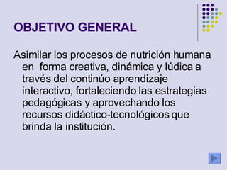 OBJETIVO GENERAL Asimilar los procesos de nutrición humana en  forma creativa, dinámica y lúdica a través del continúo aprendizaje interactivo, fortaleciendo las estrategias pedagógicas y aprovechando los recursos didáctico-tecnológicos que brinda la institución. 