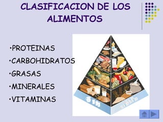 CLASIFICACION DE LOS ALIMENTOS   PROTEINAS CARBOHIDRATOS GRASAS MINERALES VITAMINAS 