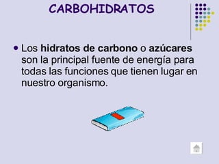 CARBOHIDRATOS Los  hidratos de carbono  o  azúcares  son la principal fuente de energía para todas las funciones que tienen lugar en nuestro organismo.  