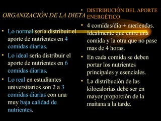 ORGANIZACIÓN DE LA DIETA   Lo normal  sería distribuir el aporte de nutrientes en  4 comidas diarias . Lo ideal  sería distribuir el aporte de nutrientes en  6 comidas diarias . Lo real  en estudiantes universitarios son 2 a  3 comidas diarias  con una muy  baja calidad   de nutrientes . DISTRIBUCIÓN DEL APORTE ENERGÉTICO 4 comidas/día + meriendas. Idealmente que entre una comida y la otra que no pase mas de 4 horas. En cada comida se deben portar los nutrientes principales y esenciales. La distribución de las kilocalorías debe ser en mayor proporción de la mañana a la tarde. 
