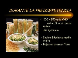 DURANTE LA PRECOMPETENCIA 200 – 350 g de CHO entre 3 a 6 horas antes del ejercicio - Indice Glicémico medio o alto - Bajos en grasa y fibra 