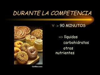 DURANTE LA COMPETENCIA    90 MINUTOS    líquidos carbohidratos otros nutrientes 