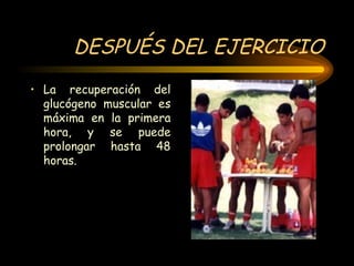 DESPUÉS DEL EJERCICIO La recuperación del glucógeno muscular es máxima en la primera hora, y se puede prolongar hasta 48 horas. 