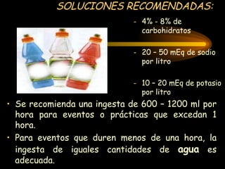 SOLUCIONES RECOMENDADAS: 4% - 8% de carbohidratos 20 – 50 mEq de sodio por litro 10 – 20 mEq de potasio por litro  Se recomienda una ingesta de 600 – 1200 ml por hora para eventos o prácticas que excedan 1 hora. Para eventos que duren menos de una hora, la ingesta de iguales cantidades de  agua  es adecuada. 