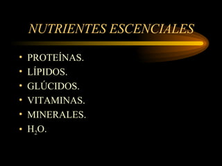 NUTRIENTES ESCENCIALES PROTEÍNAS. LÍPIDOS. GLÚCIDOS. VITAMINAS. MINERALES. H 2 O. 