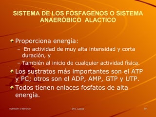 SISTEMA DE LOS FOSFAGENOS O SISTEMA ANAERÓBICO  ALACTICO Proporciona energía: En actividad de muy alta intensidad y corta duración, y  También al inicio de cualquier actividad física. Los sustratos más importantes son el ATP y PC; otros son el ADP, AMP, GTP y UTP.  Todos tienen enlaces fosfatos de alta energía. 
