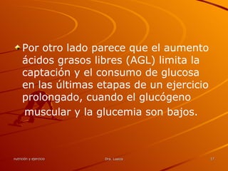 Por otro lado parece que el aumento ácidos grasos libres (AGL) limita la captación y el consumo de glucosa en las últimas etapas de un ejercicio prolongado, cuando el glucógeno muscular y la glucemia son bajos. 