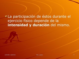 La participación de éstos durante el ejercicio físico depende de la  intensidad y duración  del mismo. 