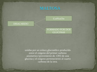 DISACARIDO C12H22O11 FORMADO POR DOS GLUCOSAS unidas por un enlace   glucosídico producido entre el oxigeno del primer carbono anomérico (proveniente de -OH) de una glucosa y el oxígeno perteneciente al cuarto carbono de la otra. 