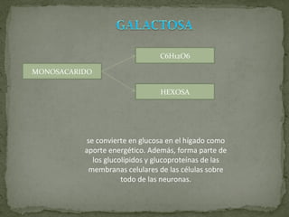MONOSACARIDO HEXOSA C6H12O6 se convierte en glucosa en el hígado como aporte energético. Además, forma parte de los glucolípidos y glucoproteínas de las membranas celulares de las células sobre todo de las neuronas. 