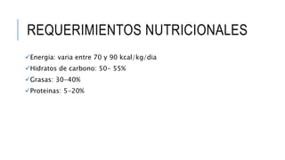 REQUERIMIENTOS NUTRICIONALES
Energia: varia entre 70 y 90 kcal/kg/dia
Hidratos de carbono: 50- 55%
Grasas: 30-40%
Proteinas: 5-20%
 