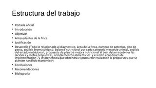 Estructura del trabajo
• Portada oficial
• Introducción
• Objetivos
• Antecedentes de la finca
• Justificación
• Desarrollo (Todo lo relacionado al diagnostico, área de la finca, numero de potreros, tipo de
pasto, análisis bromatológico, balance nutricional por cada categoría y especie animal, análisis
del estado nutricional , propuesta de plan de mejora nutricional el cual deben contener las
raciones y dietas propuestas, complementos alimenticios y el costo económico de
implementación , y los beneficios que obtendrá el productor realizando la propuestas que se
planten <análisis económico<
• Conclusiones
• Recomendaciones
• Bibliografía
 