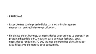 • PROTEINAS
• Las proteínas son imprescindibles para los animales que se
encuentran en crecimiento y producción.
• En el caso de los bovinos, las necesidades de proteínas se expresan en
proteína digestible o PD, y para el caso de vacas lecheras, estas
necesidades rondan los 70-100 gramos de proteínas digestibles por
cada kilogramo de materia seca consumida.
 