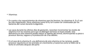 • Vitaminas
• En cuanto a los requerimientos de vitaminas para los bovinos, las vitaminas A, D y E son
las más importantes. Otras vitaminas como la B y la K suelen ser sintetizadas por las
bacterias del rumen durante la digestión.
• Las vacas durante los últimos días de gestación, necesitan incrementar los niveles de
vitamina A en las raciones para que se obtengan terneros en buen estado. Una
deficiencia en esta vitamina puede reducir el apetito del animal, disminuyendo su peso o
provocar diarrea, ceguera y la producción de crías débiles.
• En el caso de la vitamina D, una deficiencia de esta vitamina en las raciones, puede
provocar raquitismo en los animales en crecimiento y trastornos como la fiebre de la
leche en animales después del parto
 