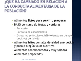 •   Alimentos listos para servir o preparar
•   BAJO consumo de frutas y verduras
    ▫   Por costo
    ▫   Por falta de conocimiento
    ▫   Otros: no se inculcó el hábito/gusto en tiempos
        decisivos de la vida
•   Alimentos fritos con alta densidad energética
    y poco o ningún valor nutritivo
•   Alimentos condimentados y muy salados
•   Alimentos empacados
            Lcda. Lorena López Donado
 