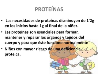 PROTEÍNAS
• Las necesidades de proteínas disminuyen de 1’2g
en los inicios hasta 1g al final de la niñez.
• Las proteínas son esenciales para formar,
mantener y reparar los órganos y tejidos del
cuerpo y para que éste funcione normalmente
• Niños con mayor riesgo de una deficiencia
proteica.
 
