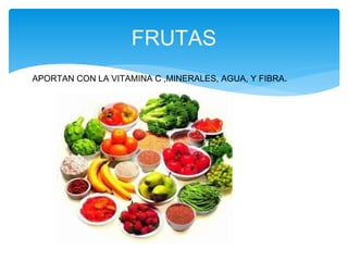 FRUTAS
APORTAN CON LA VITAMINA C ,MINERALES, AGUA, Y FIBRA.
 