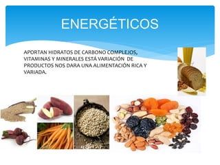 ENERGÉTICOS
APORTAN HIDRATOS DE CARBONO COMPLEJOS,
VITAMINAS Y MINERALES ESTÁ VARIACIÓN DE
PRODUCTOS NOS DARA UNA ALIMENTACIÓN RICA Y
VARIADA.
 