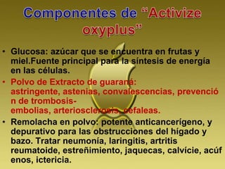 • Glucosa: azúcar que se encuentra en frutas y
miel.Fuente principal para la síntesis de energía
en las células.
• Polvo de Extracto de guaraná:
astringente, astenias, convalescencias, prevenció
n de trombosis-
embolias, arteriosclerosis, cefaleas.
• Remolacha en polvo: potente anticancerígeno, y
depurativo para las obstrucciones del hígado y
bazo. Tratar neumonía, laringitis, artritis
reumatoide, estreñimiento, jaquecas, calvície, acúf
enos, ictericia.
 