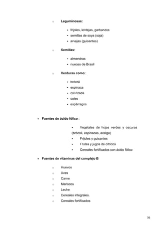 36
o Leguminosas:
 frijoles, lentejas, garbanzos
 semillas de soya (soja)
 arvejas (guisantes)
o Semillas:
 almendras
 nueces de Brasil
o Verduras como:
 brócoli
 espinaca
 col rizada
 coles
 espárragos
Fuentes de ácido fólico :
 Vegetales de hojas verdes y oscuras
(brócoli, espinacas, acelga)
 Frijoles y guisantes
 Frutas y jugos de cítricos
 Cereales fortificados con ácido fólico
Fuentes de vitaminas del complejo B
o Huevos
o Aves
o Carne
o Mariscos
o Leche
o Cereales integrales.
o Cereales fortificados
 