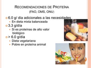 Recomendaciones de Proteína(FAO, OMS, ONU)6.0 g/ día adicionales a las necesidadesEn dieta mixta balanceada3.3 g/día                                     Si es proteínas de alto valor     biológico> 6.0 g/díaDieta vegetarianaPobre en proteína animal