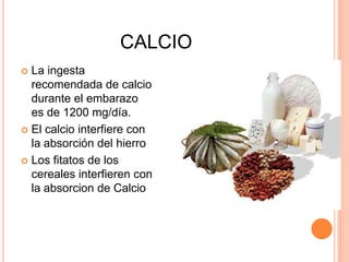CALCIOLa ingesta recomendada de calcio durante el embarazo es de 1200 mg/día.El calcio interfiere con la absorción del hierroLos fitatos de los cereales interfieren con la absorcion de Calcio