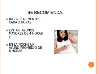 SE RECOMIENDA:INGERIR ALIMENTOS CADA 2 HORASEVITAR  AYUNOS MAYORES DE 4 HORAS yEN LA NOCHE UN AYUNO PROMEDIO DE 8 HORAS