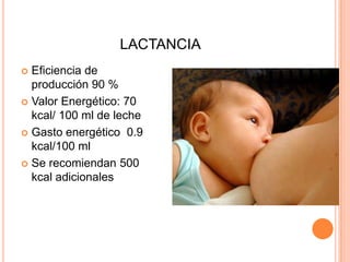 LACTANCIAEficiencia de producción 90 %Valor Energético: 70 kcal/ 100 ml de lecheGasto energético  0.9 kcal/100 mlSe recomiendan 500 kcal adicionales
