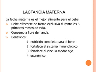 LACTANCIA MATERNALa leche materna es el mejor alimento para el bebe.Debe ofrecerse de forma exclusiva durante los 6 primeros meses de vida.Consumo a libre demanda.Beneficios:                      1. nutrición completa para el bebe                     2. fortalece el sistema inmunológico                     3. fortalece el vinculo madre hijo                     4. económico.