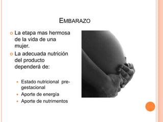 Embarazo La etapa mas hermosa de la vida de una mujer.La adecuada nutrición del producto dependerá de:Estado nutricional  pre-gestacionalAporte de energíaAporte de nutrimentos