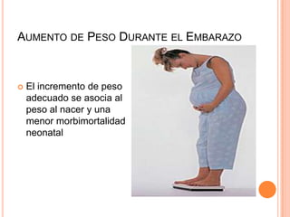 Aumento de Peso Durante el EmbarazoEl incremento de peso adecuado se asocia al peso al nacer y una menor morbimortalidad neonatal