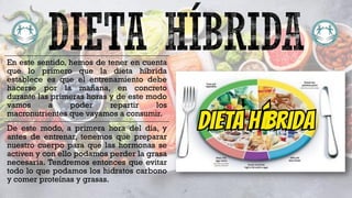 En este sentido, hemos de tener en cuenta
que lo primero que la dieta híbrida
establece es que el entrenamiento debe
hacerse por la mañana, en concreto
durante las primeras horas y de este modo
vamos a poder repartir los
macronutrientes que vayamos a consumir.
De este modo, a primera hora del día, y
antes de entrenar, tenemos que preparar
nuestro cuerpo para que las hormonas se
activen y con ello podamos perder la grasa
necesaria. Tendremos entonces que evitar
todo lo que podamos los hidratos carbono
y comer proteínas y grasas.
 