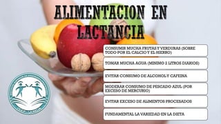 CONSUMIR MUCHA FRUTASY VERDURAS (SOBRE
TODO POR EL CALCIOY EL HIERRO)
TOMAR MUCHA AGUA (MINIMO 2 LITROS DIARIOS)
EVITAR CONSUMO DE ALCOHOLY CAFEINA
MODERAR CONSUMO DE PESCADO AZUL (POR
EXCESO DE MERCURIO)
EVITAR EXCESO DE ALIMENTOS PROCESADOS
FUNDAMENTAL LA VARIEDAD EN LA DIETA
 