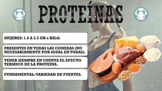 MUJERES: 1.6 A 2.2 GR x KILO.
PRESENTES EN TODAS LAS COMIDAS (NO
NECESARIAMENTE POR IGUAL EN TODAS).
TENER SIEMPRE EN CUENTA EL EFECTO
TERMICO DE LA PROTEINA.
FUNDAMENTAL:VARIEDAD DE FUENTES.
 