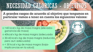 NECESIDAD CALORICAS - OBJETIVOS
A grandes rasgos de acuerdo al objetivo que tengamos en
particular vamos a tener en cuenta los siguientes valores:
 