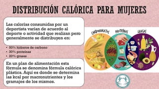 Las calorías consumidas por un
deportista varían de acuerdo al
deporte o actividad que realizan pero
generalmente se distribuyen en:
• 50% hidratos de carbono
• 30% proteínas
• 20% grasas
En un plan de alimentación esta
fórmula se denomina fórmula calórica
plástica. Aquí es donde se determina
las kcal por macronutrientes y los
gramajes de los mismos.
 