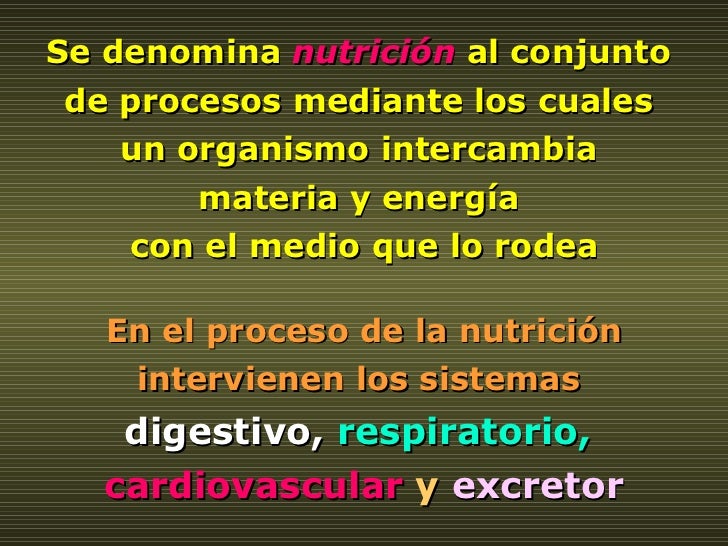 Se denomina  nutrición  al conjunto  de procesos mediante los cuales  un organismo intercambia  materia y energía  con el ...