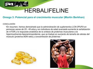 HERBALIFELINE
Omega 3: Potencial para el crecimiento muscular (Martin Berkhan)
CONCLUSIÓN:
"En resumen, hemos demostrado que la administración de suplementos LCN-3PUFA en
personas sanas de 25 - 45 años y en individuos de edad avanzada aumenta la señalización
de mTOR y la respuesta anabólica de la síntesis de proteínas musculares a la
hiperinsulinemia-hiperaminoacidemia, que se tradujo en aumento de tamaño de células del
músculo (proteína-ADN ratio) y concentración de proteínas.”
 