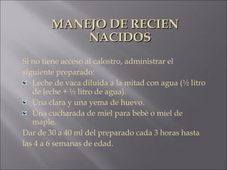 MANEJO DE RECIENMANEJO DE RECIEN
NACIDOSNACIDOS
Si no tiene acceso al calostro, administrar el
siguiente preparado:
Leche de vaca diluida a la mitad con agua (½ litro
de leche + ½ litro de agua).
Una clara y una yema de huevo.
Una cucharada de miel para bebè o miel de
maple.
Dar de 30 a 40 ml del preparado cada 3 horas hasta
las 4 a 6 semanas de edad.
 