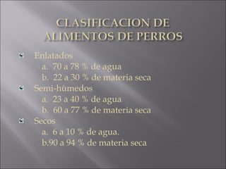 Enlatados
a. 70 a 78 % de agua
b. 22 a 30 % de materia seca
Semi-hùmedos
a. 23 a 40 % de agua
b. 60 a 77 % de materia seca
Secos
a. 6 a 10 % de agua.
b.90 a 94 % de materia seca
 