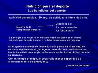 Nutrición para el deporte
Los beneficios del deporte
Actividad anaeróbica: 20 seg. de actividad a intensidad alta.
Desarrollo de:
Mejoría de la
composición corporal

-La masa muscular
-La fuerza bruta

La energía que necesita el músculo debe buscarse en el mismo
músculo por falta de tiempo… y debe consumirse sin oxígeno:
En el ejercicio anaeróbico (breve duración y máxima intensidad) se
consume rápidamente el glucógeno muscular (carbohidratos) como
fuente inmediata de energía produciendo mucho ácido láctico durante
su consumo.

Con el tiempo el músculo desarrolla mayor capacidad de
almacenamiento de glucógeno;
¡crece en volumen!

 