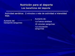 Nutrición para el deporte
Los beneficios del deporte
Actividad aeróbica: 2 minutos o más de actividad a intensidad
baja.
Aumento del
transporte sanguíneo

Aumento de:
-La fuerza cardiaca
-El volumen sanguíneo
-La circulación
sanguínea

 